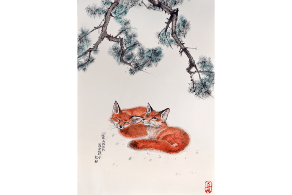 Foxes Image Japanese Watercolor Art for Branding & Design Projects