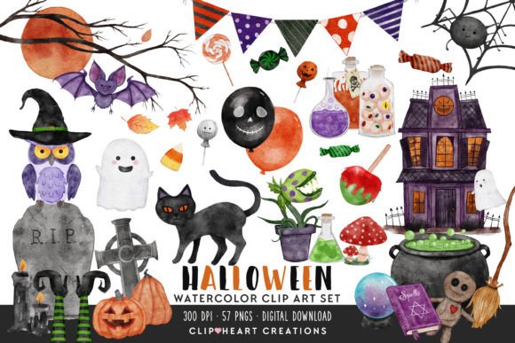 Halloween Watercolor Clip Art Set: Illustrations for Seasonal Content Design