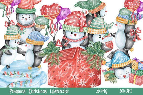Penguins Christmas Watercolor: Festive Illustrations for Cozy Holiday Branding