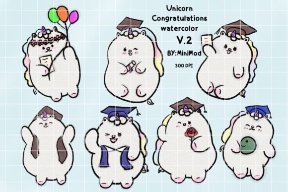Unicorn Congratulations Watercolor V.2 Illustrations for Crafters & Etsy Sellers