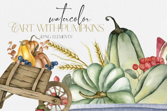 Watercolor Fall Cart with Pumpkins Illustration: A Seasonal Design Asset for Cozy Branding